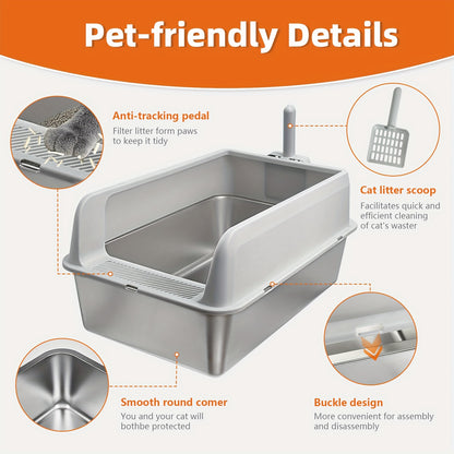 Übergroße Edelstahl-Katzenbox mit Deckel, auslaufsicher und rostbeständig. Sie ist leicht zu reinigen, hat hohe Seiten, um Ausläufel zu verhindern, und wird mit einer Schaufel geliefert. Perfekt für Haushalte mit mehreren Katzen.