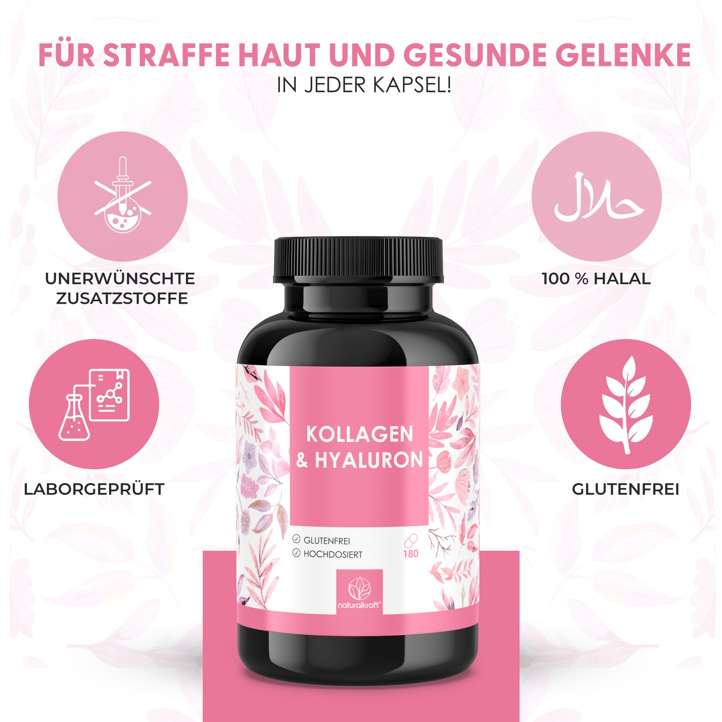 NATURALKRAFT® Premium Kollagen & Hyaluron - mit Biotin, Zink, Selen, Vitamin C & Silizium - Hoch bioverfügbar, Laborgeprüft, Deutsche Markenqualität - 180 Kapseln