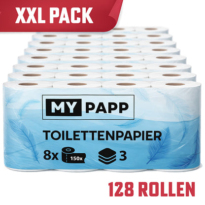 64 Rollen Toilettenpapier - Mypapp , 3-lagig, 150 Blatt je Rolle (9600 Blatt Insgesamt) , Zellstoff weiß, Hochwertige Zellulose, Geeignet für Camping (Große Verpackung, praktisch zu tragen), Küche und Badezimmer, schnell abbaubar.