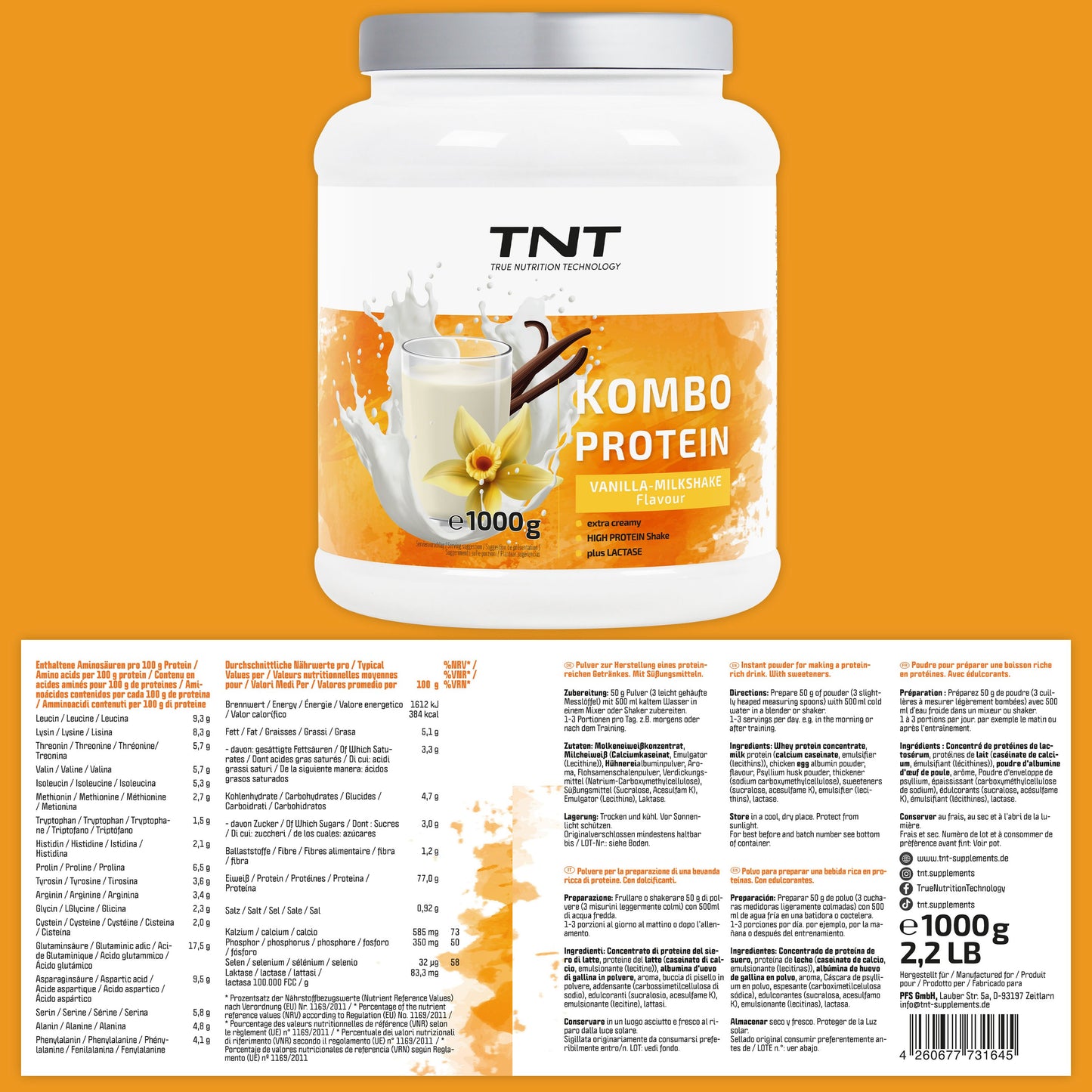 TNT Kombo Protein (1000g) • Protein Pulver mit 3 Eiweiß-Quellen • Extra cremig • Laktase und Flohsamenschalenpulver
