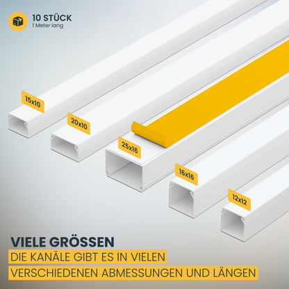 Kabelkanal Selbstklebend (10 Stk.) - weiss je 1m - 10m Kabelkanäle mit Schaumklebeband fertig für Montage an der Wand - 12x12mm - 15x10mm - 16x16mm - 20x10mm - 25x16mm