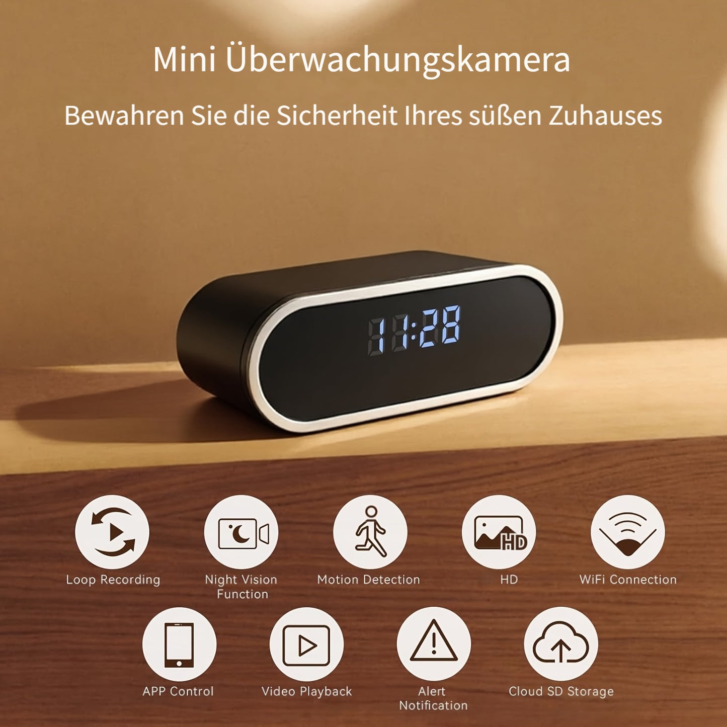 für Zuhause HD Kompakt Kamera Uhr, 1080P Drahtlose Kamera, kompakte Überwachungskamera, Nachtsicht, Bewegungserkennung, Fernansicht über App, Benachrichtigungs-Push, Eingebauter 2600mAh Akku, 110° Weitwinkel, für Zuhause/Büro/Lager. Smart Home Schutz
