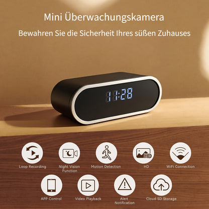 für Zuhause HD Kompakt Kamera Uhr, 1080P Drahtlose Kamera, kompakte Überwachungskamera, Nachtsicht, Bewegungserkennung, Fernansicht über App, Benachrichtigungs-Push, Eingebauter 2600mAh Akku, 110° Weitwinkel, für Zuhause/Büro/Lager. Smart Home Schutz