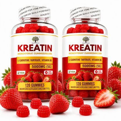 Kreatin-Monohydrat-Erdbeer-Gummibärchen 5000 mg (5 g) pro Portion – 120 vegane Erdbeer-Gummibärchen – Mit L-Carnitin-Tartrat und Vitamin B6 – Zuckerfreies Nahrungsergänzungsmittel für Erwachsene – Leicht zu kauende Tagesformel – Praktische Alternative zu