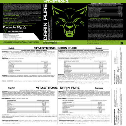 Vitastrong DrainPure, Tägliches Nahrungsergänzungsmittel mit 9 Pflanzenextrakten, Bromelain, Gotu Kola, Löwenzahn, Birke, Schachtelhalm – 60 Vegane Tabletten