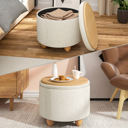 1 Stk. Hocker mit Stauraum, Runder Hocker, Fußhocker mit Leinenbezug, Gepolsterter Hocker mit Massivholzbeinen, 39x39x33cm