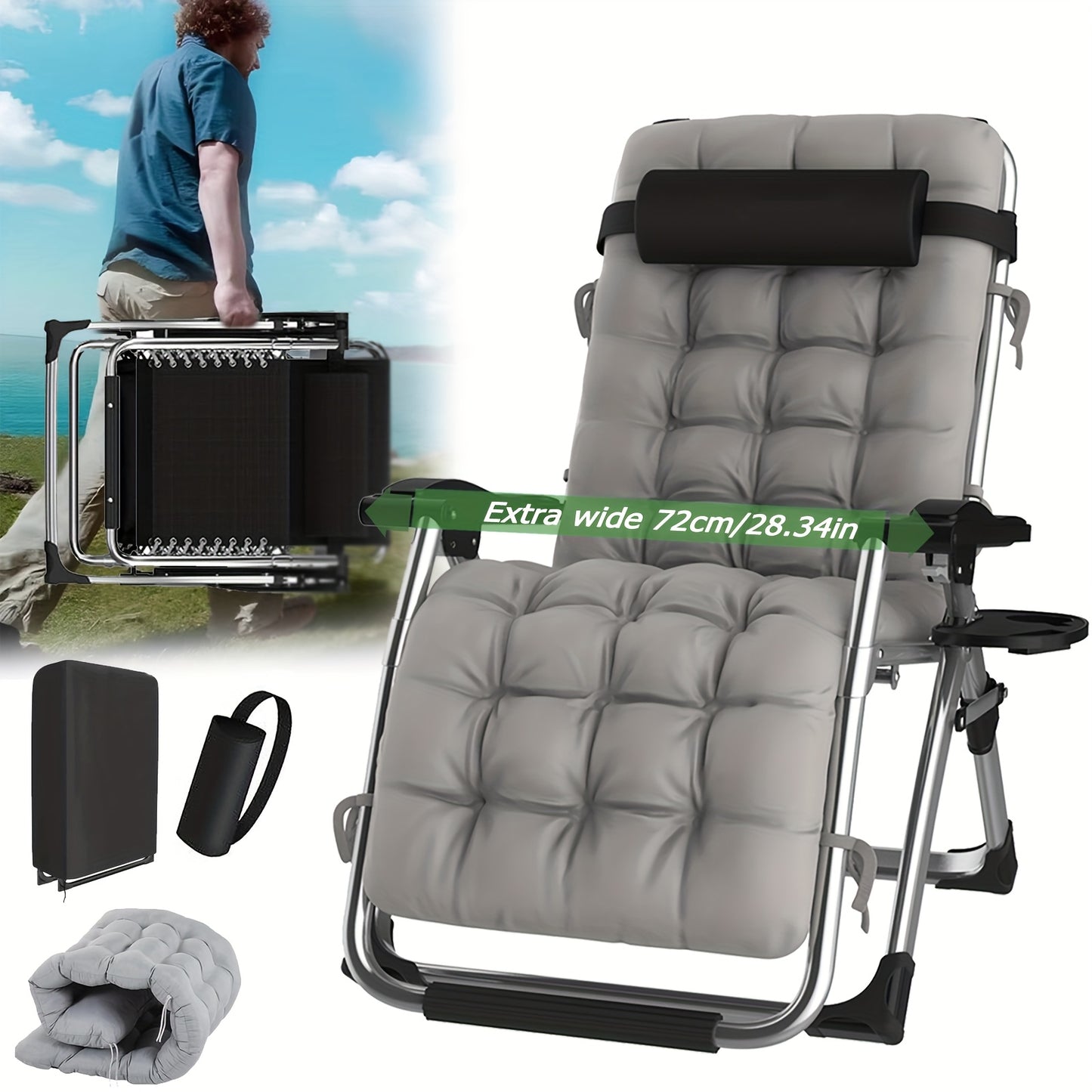 Schwerkraftfreier Liegestuhl Extra Breit 72cm/28 Zoll | Faltbarer Outdoor-Sitz mit abnehmbarem Kissen und Kopfstütze, tragbare Sonnenliege mit Getränkehalter, Liegestühle für Pool, Strand, Balkon | Eisenrahmen, Polyesterbezug