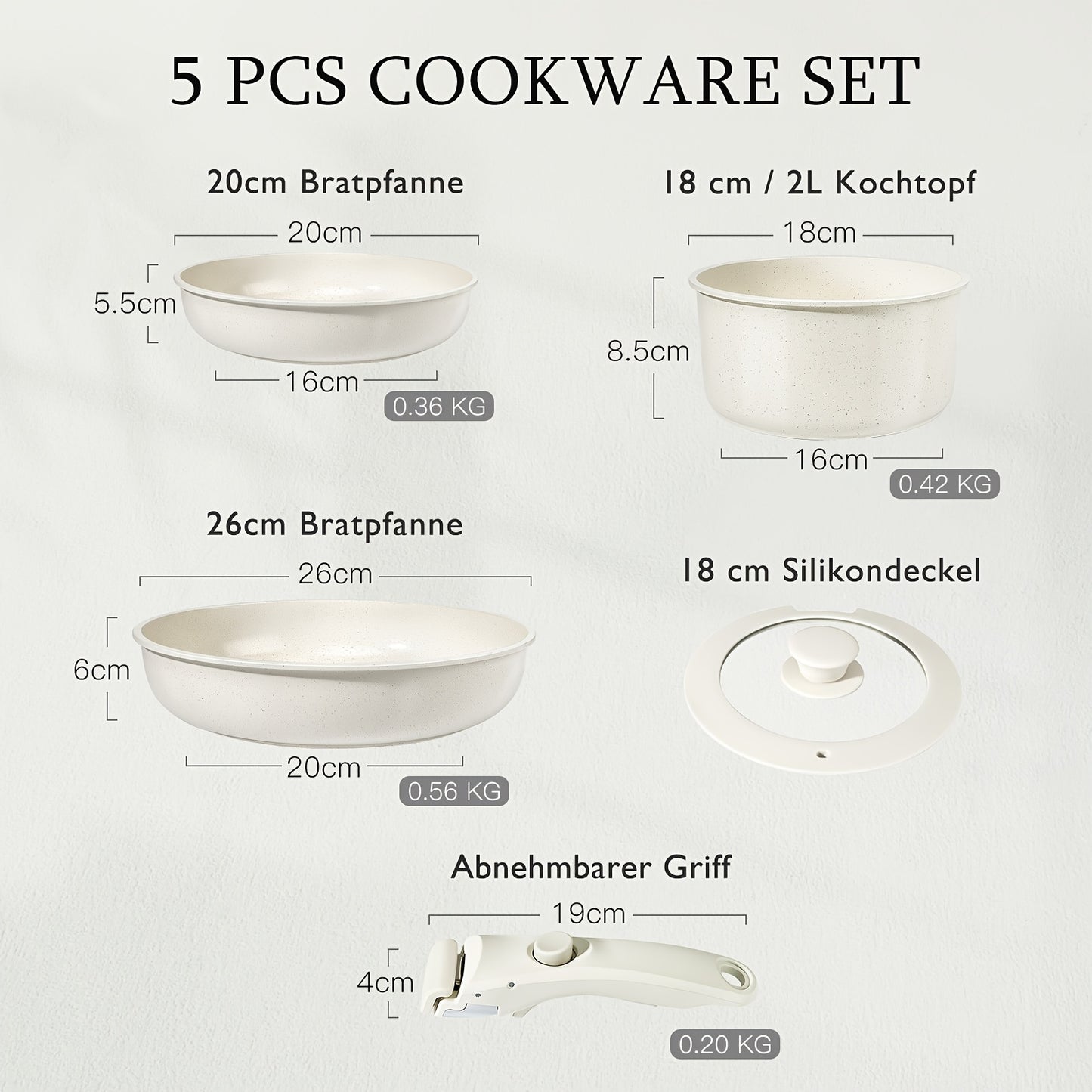 GiPP 5-teiliges Antihaft-Topf- und Pfannen-Set, Abnehmbarer Griff, Kochgeschirr, Induktions-Küchenset, Ofen- & Wohnmobilgeeignetes Weißes Kochgeschirr-Set
