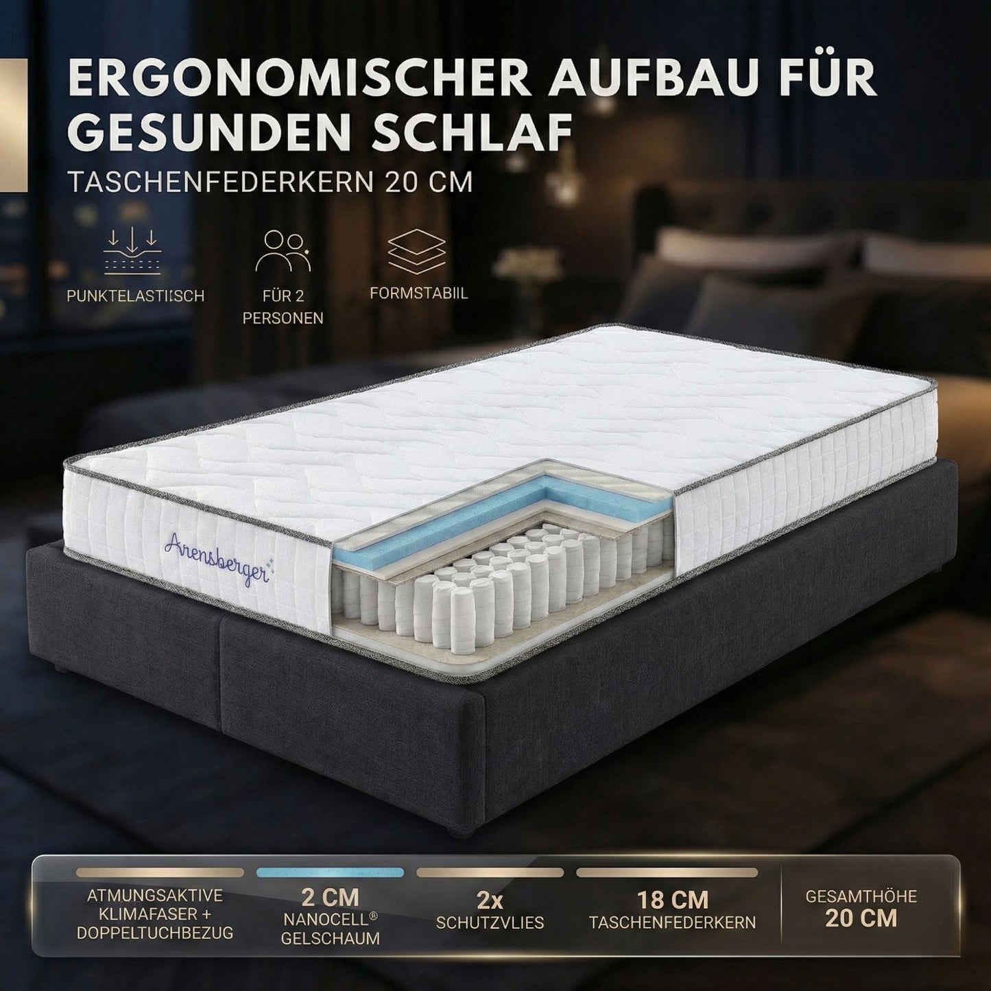 JANA Matratze | Taschenfederkernmatratze 20 cm mit 2 cm NANOCELL® Gelschaum | 7-Zonen Härtegrad H3 | Federkernmatratze punktelastisch, Rollmatratze, 90x200 120x200 140x200 160x200 180x200 cm