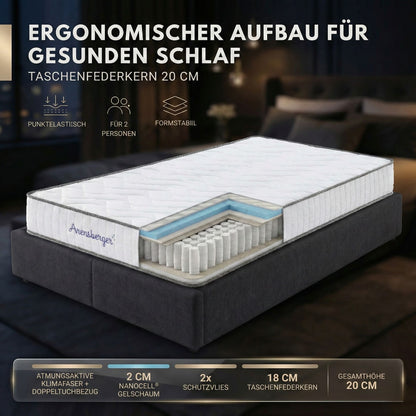 JANA Matratze | Taschenfederkernmatratze 20 cm mit 2 cm NANOCELL® Gelschaum | 7-Zonen Härtegrad H3 | Federkernmatratze punktelastisch, Rollmatratze, 90x200 120x200 140x200 160x200 180x200 cm