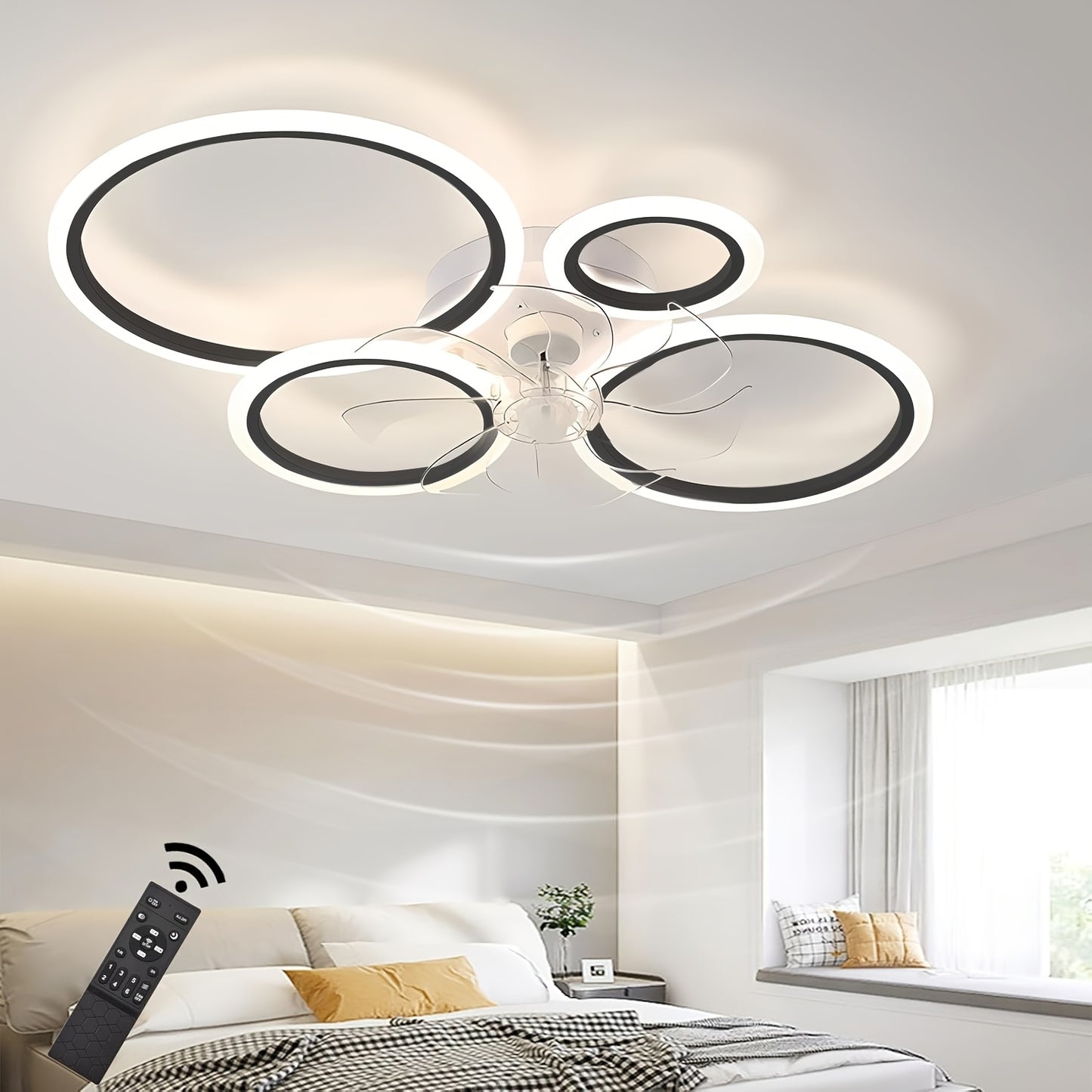 Deckenventilator mit Beleuchtung, LED-Deckenleuchte mit Ventilator-Fernbedienung  App, leise, dimmbare Deckenlampe mit Timer für Schlafzimmer, Wohnzimmer, Esszimmer, 80x12cm