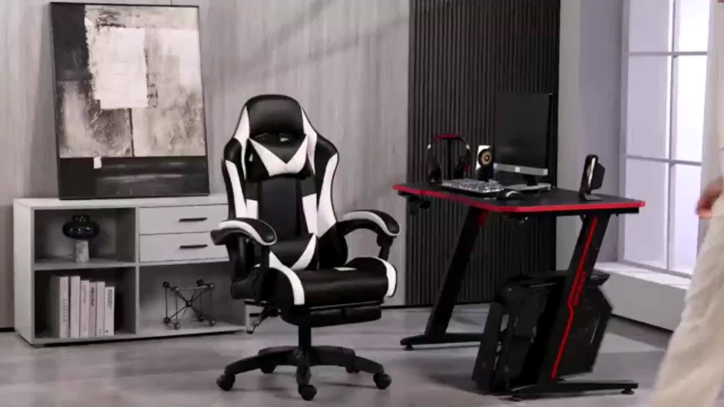 Ergonomischer Gaming-Stuhl mit Fußstütze – Strapazierfähiger höhenverstellbarer Liegestuhl, 3609-Grad-Drehfunktion & Lordosenstütze, manueller Neigemechanismus, Farboptionen Schwarz/Rot/Weiß, kunstlederähnliche Textur, Schaumstoffpolsterung & Edelstahlrah