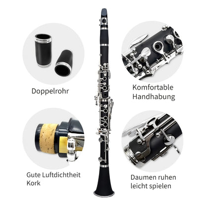 Siemonic B-Flöte 17-Tasten, vernickeltes Klarinettenset mit Koffer, Anfänger-Klarinettenset mit Reinigungsset und Zubehör, Blasinstrument für Übung, Aufführung und musikalische Nutzung