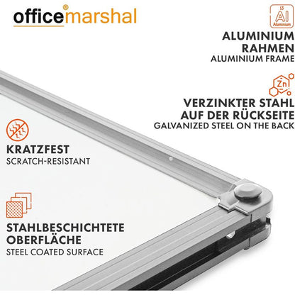 Whiteboard Magnettafel – Magnetisches Memoboard mit Alurahmen in Silber oder Schwarz, inkl. Stiftablage – Trocken abwischbare Schreibtafel für Büro, Home-Office & Schule