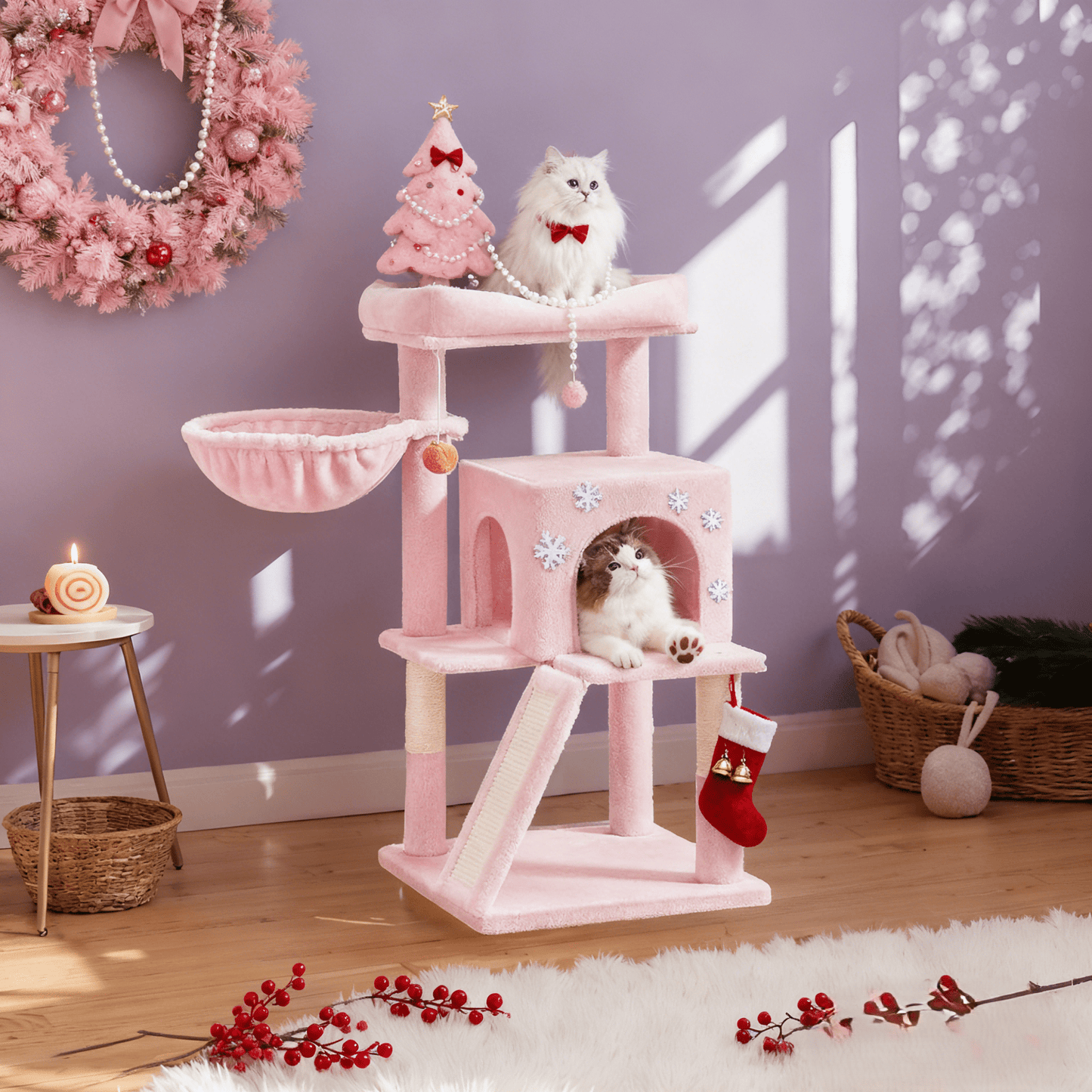 Katzenklettergerüst klein 96 cm hoch einem Kippschutz，Kratzbaum, Katzenbaum mit großer Plattform, Kratzsäulen, Höhlen, Plüschbälle, Einfache Montage,geeignet für Hauskatzen, Kätzchen