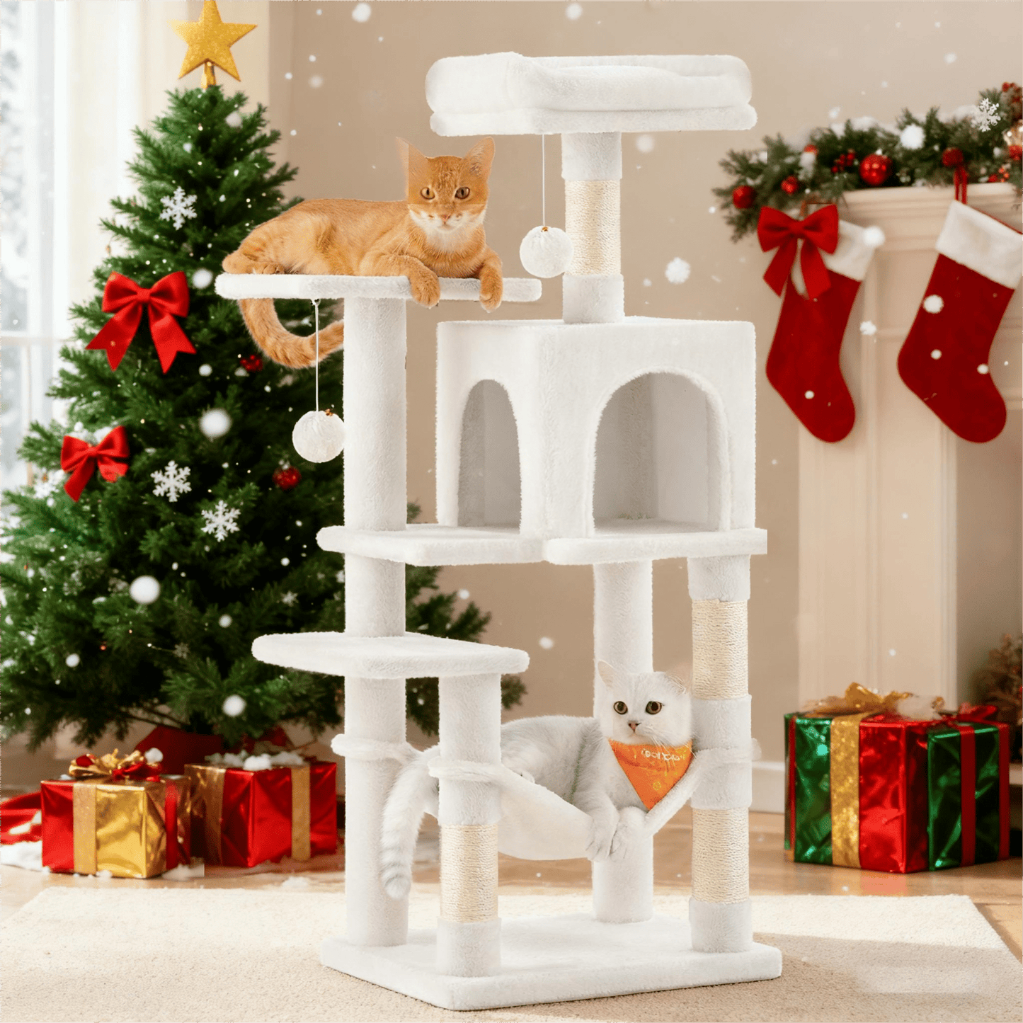 Katzenklettergerüst 112 cm hoch，Kratzbaum，mehrstöckiger Katzenbaum mit Höhle Schlafnest Plüschspielzeug , mehrstöckiges Katzenhaus mit 4 Kratzsäulen, 2 Plattformen, Hängematte,Stabiles Und Langlebiges ,für Wohnungskatzen Und Kätzchen
