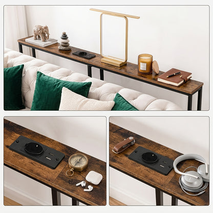 Eingangstisch, schmaler Eingangstisch mit Ladestation  USB-Anschlüssen, Sofatisch, Beistelltisch für Eingangsbereich, Flur, Foyer, Vintage  Schwarz