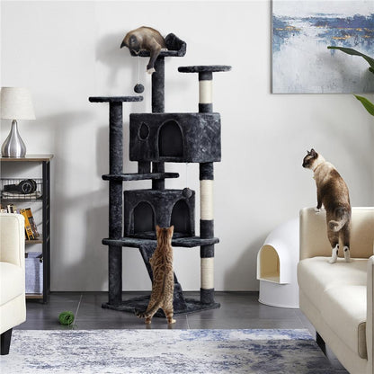 Costoffs Kratzbaum 158 cm mit 2 Katzenhöhlen 3 Aussichtsplattformen & 1 Leiter & 3 Sisalstämme & 2 Hängenden Plüschbälle Katzenbaum