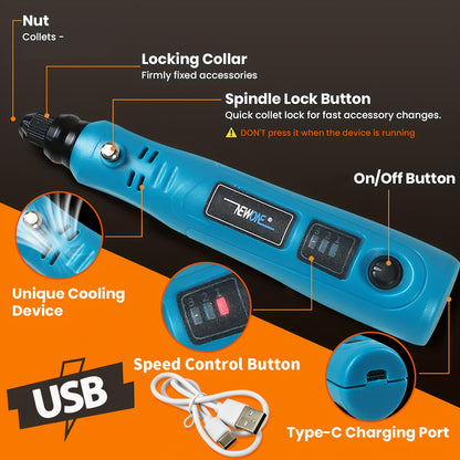 Mini Akku-Rotationswerkzeug, 3-Gang und USB-Ladefunktion, Rotationswerkzeug-Set mit 48 Zubehörteilen, Mehrzweck-USB-Rotationswerkzeug zum Schleifen, Polieren, Bohren, Ätzen, Gravieren, für Handwerk