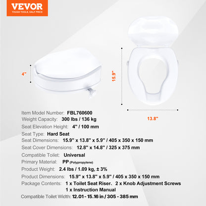 VEVOR Erhöhter Toilettenstuhl, 4" Höhe, 300 lbs Tragfähigkeit, Universal Toilettenstuhl Erhöher, Schraubstangenverriegelung, für Ältere, Behinderte, Patienten, Schwangere, Medizinisch