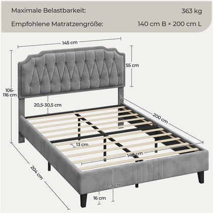 Costoffs Polsterbett mit Höhenverstellbarem Kopfteil Bettrahmen mit Lattenrost Getuftetes Design Stoffbett Kein Boxspring Erforderlich