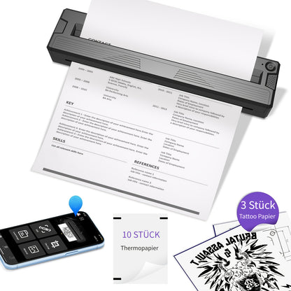 Tragbarer Drucker Kabellos für Reisen, Upgraded Tintenloser Thermischer Kabelloser Mini-Drucker Kompatibel mit Android, IOS & Laptop, Unterstützt 21,59 cm x 27,94 cm US Letter & A4, Kleiner Tragbarer Mobiler Reisedrucker für Zuhause (mit 3 Stück Tattoo-Tr