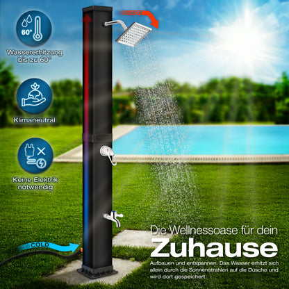tillvex® Solardusche 20 - 60 Liter inkl. Abdeckung Solar Gartendusche Solar für draußen Pooldusche Komplettset warmes Wasser Camping ohne Stromanschluss mit Wasserhahn Gartenschlauch-Anschluss