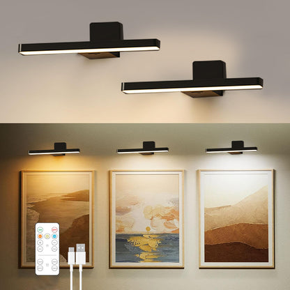 2 Stück 24 cm Schwarze LED Touch & Fernbedienung Wandlampe mit Akku, 3000 mAh Wiederaufladbar, Kunstlicht für Gemälde CCT Dimmbar 3000K/4000K/6500K, Galerie-Dartboard-Kunst, Schlafzimmer Badezimmer, Timer, Magnetmontage