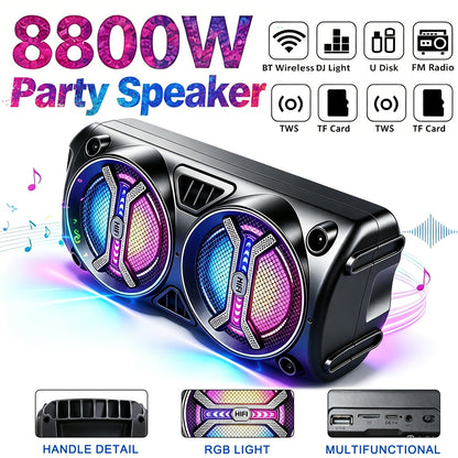 Kabelloser Lautsprecher, tragbarer kabelloser Lautsprecher mit zwei Subwoofern für tiefen Bass, unterstützt BT/TWS/FM/USB/AUX/TF-Karte und Mikrofoneingang. Perfekter, lauter Stereo-Lautsprecher für Familienfeiern, Feiertagsversammlungen und Weihnachtsgesc