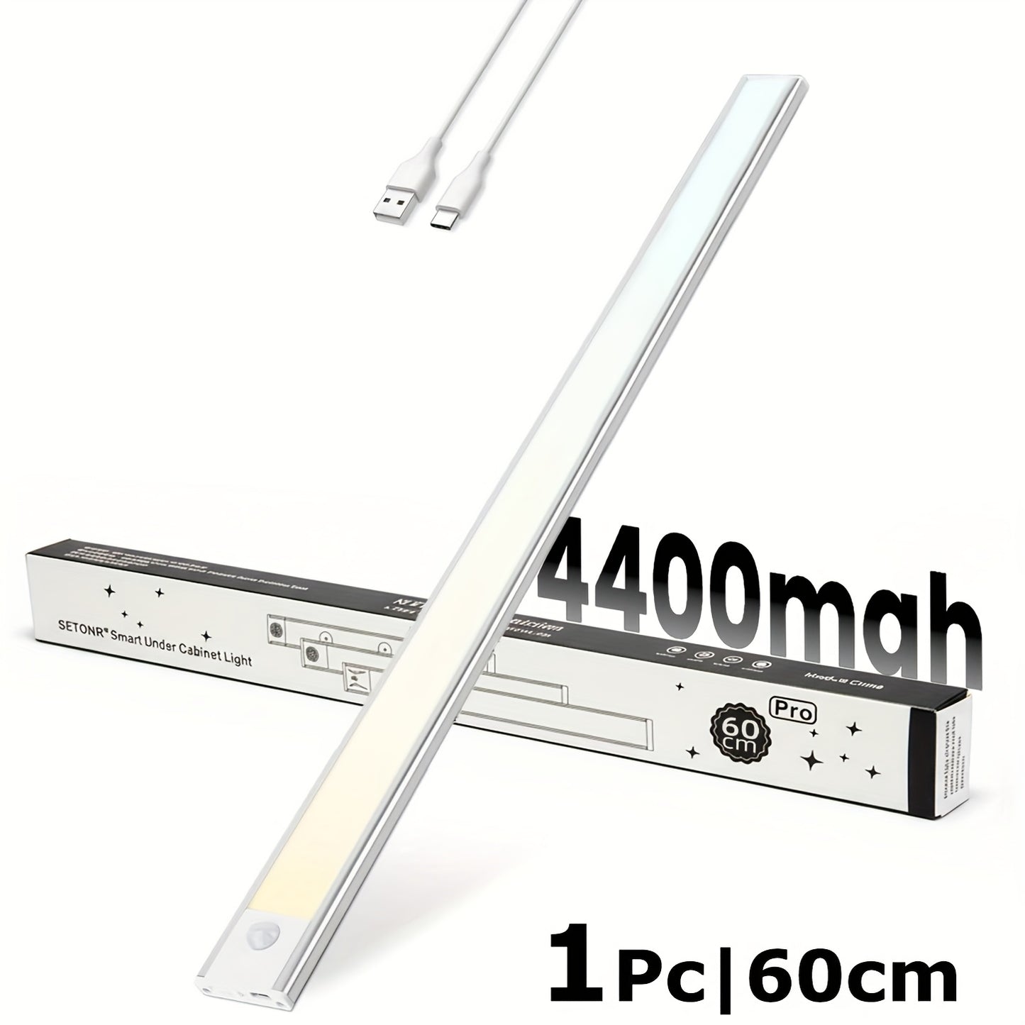 SETONR Slim LED Unterbauleuchten - Metallgehäuse, Wiederaufladbar, 450/600/2200/4400 mAh, Bewegungssensor, Dimmbar, Aufklebbar, Batteriebetriebene Küchenbeleuchtung für Schränke, Arbeitsplatten und Regale, bis zu 60 cm, Lange Akkulaufzeit verfügbar