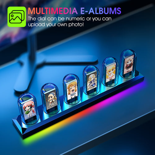 RGB Leuchtstoffröhren-Uhr mit IPS-Farbdisplay, USB-Stecker, umschaltbares digitales Nachtlicht mit Metallsockel. Muster können per APP-Steuerung beliebig gewechselt werden, geeignet für Schreibtischdekoration in Schlafzimmer, Arbeitszimmer  Spielzimmer