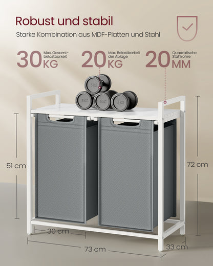 Wäschekorb 2 Fächer, Wäschesammler mit Ablage, Wäschebox, Wäschesack aus Oxford-Gewebe ausziehbar abnehmbar, 2 x 46 L