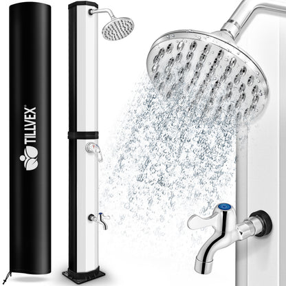 tillvex® Solardusche 20 - 60 Liter inkl. Abdeckung Solar Gartendusche Solar für draußen Pooldusche Komplettset warmes Wasser Camping ohne Stromanschluss mit Wasserhahn Gartenschlauch-Anschluss