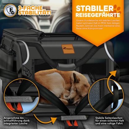 TRESKO® Hundebox faltbar inkl. Leckmatte, Spatel & Reflektoren | Transportbox für Hunde und Katzen | Hundetransportbox Auto für kleine, mittelgroße & große Hunde | Hundetasche für Zuhause Auto robust Anthrazit