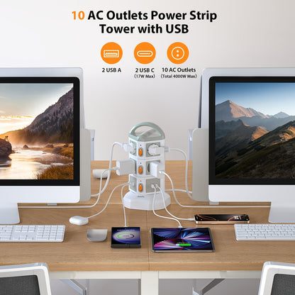 Steckdosenleiste, 6/10-fach Schutzleiste mit 2 USB-C und 2 USB-A Anschlüssen, 3 Einzel-Schalter, Schnellladestation für Home Office, 2-Meter Verlängerungskabel, 4 Farboptionen (Weiß/Lila/Gelb/Pink)
