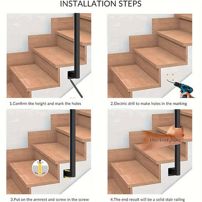 Black U-Shaped Stair Handrail - Indoor/Outdoor Railing for Stairs, Entrance & Balcony, Easy Side Mount Installation