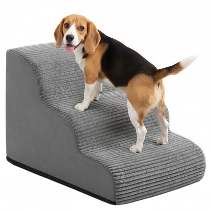2/3/4 Stufen Hundetreppe/Haustiertreppe/Sofabett-Rampe,stufig-Haustiertreppe, Cord Querstreifen, rutschfest, abnehmbarer waschbarer Bezug, ist die geringe Steigung freundlich für kleine, ältere, verletzte oder kurzbeinige Haustiere, Taubengrau