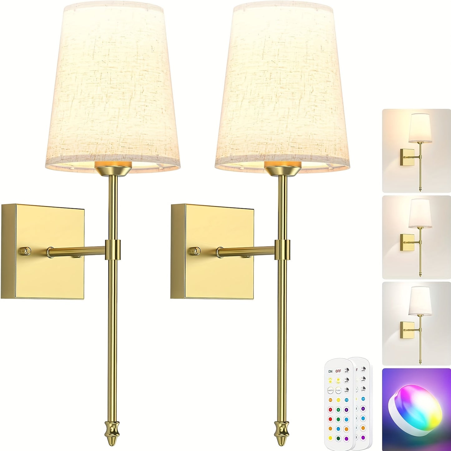 2er-Set, Goldfarben, Wiederaufladbar, Ferngesteuert, mit LED, Einstellbare RGB+CCT Farben, Wandleuchte, Ambiente-Licht, Geeignet für Schlafzimmer und Wohnzimmer