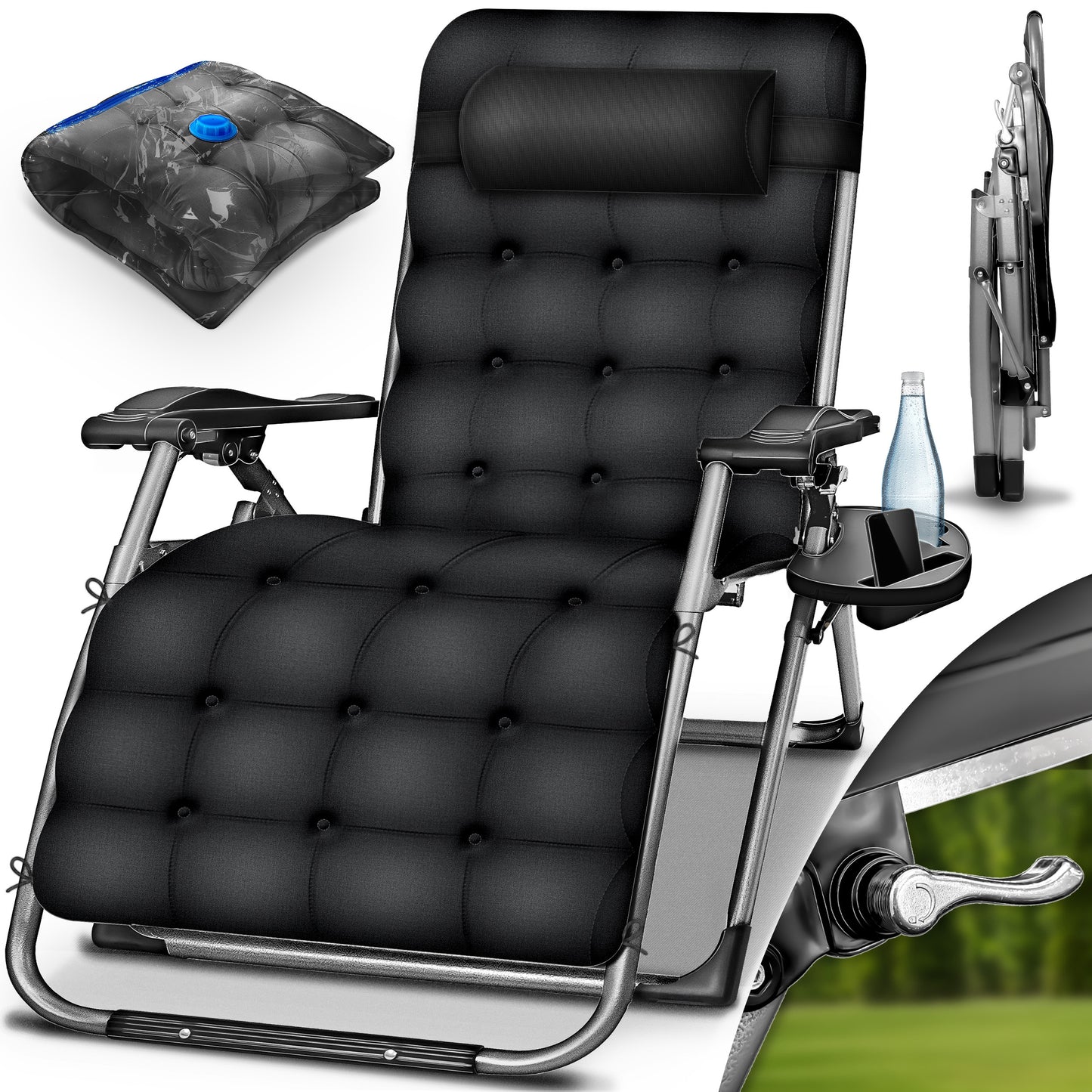 tillvex® Liegestuhl klappbar bis 200kg Sonnenliege Outdoor Gartenliege mit Kissen wetterfest Balkon, Garten & Terrasse Outdoor Liege verstellbar mit dickem Polster Relaxliege faltbar extra breit Nackenkissen Getränkehalter
