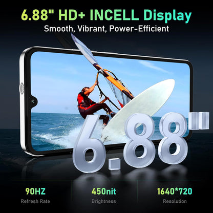 OUKITEL C59 Android Handy, 10000mAh Akku-Smartphone, 6.88" HD+ Entsperrter Mobiltelefon mit 120LM, 16GB(4+12)+128GB/TF 1TB Entsperrter Mobiltelefon, 13MP Kamera, 4G Dual-SIM/Face ID/Fingerabdruck/GPS/Naht