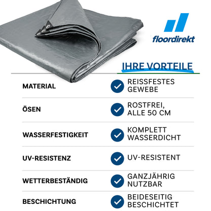 FLOORDIREKT Abdeckplane 140 g/m² - Reißfeste Schutzplane für jedes Wetter - mit Ösen - Wetterfest & Wasserdicht - für Garten, Camping, Bau & Outdoor - in 9 Farben & 12 Größen Erhältlich