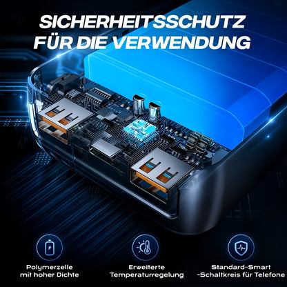50000mAh 36W Powerbank für Profis. Lade dein Handy, Tablet & andere Geräte gleichzeitig über 3 Anschlüsse. Kristallklares LCD-Display, einfache Tastensteuerung. Perfekt für Cafés, Coworking-Spaces, Geschäftsreisen. Versandt aus lokalem Lager!