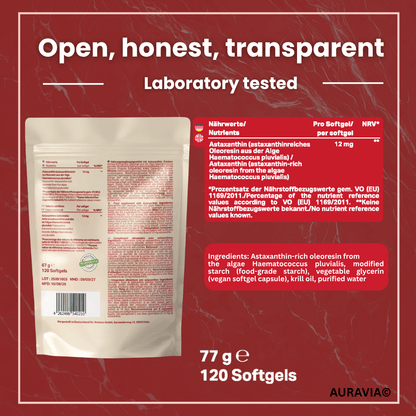 AURAVIA® Astaxanthin 12 mg + Krillöl – 120 Softgel Kapseln – Astaxanthin hochdosiert ohne Zusatzstoffe - Natürliche Antioxidantien aus der Haematococcus Pluvialis Alge