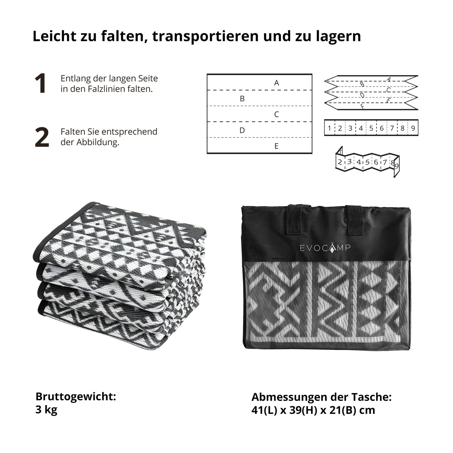 EVOCAMP Großer Outdoor-Teppich mit Tragetasche Picknickdecke für den Outdoor-Bereich, Vorzeltteppich Rasenteppich aus Kunststoff-Fasern, geeignet für Terrasse und Balkon