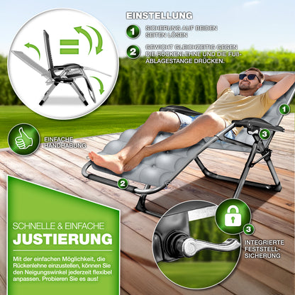 tillvex® Liegestuhl klappbar bis 200kg Sonnenliege Outdoor Gartenliege mit Kissen wetterfest Balkon, Garten & Terrasse Outdoor Liege verstellbar mit dickem Polster Relaxliege faltbar extra breit Nackenkissen Getränkehalter