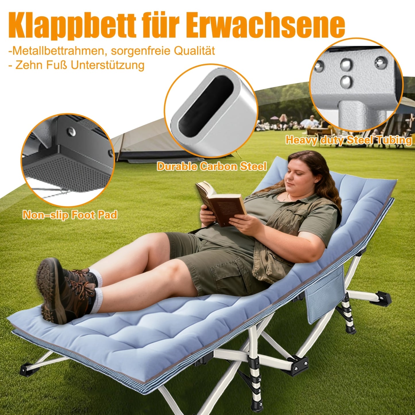 Übergroßes klappbares Campingbett für Erwachsene, Feldbett mit dickem Polster 300-400 kg, strapazierfähiges Outdoor-Bett mit Tragetasche, tragbares Schlafbett für Outdoor-Reisen, Camping, Strand, Urlaub