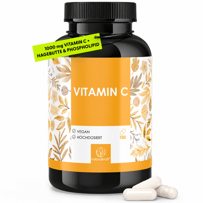 NATURALKRAFT® Premium Vitamin C 1000 mg pro Tagesdosis mit Sonnenblumenphospholipid Pulver und Hagebutten-Extrakt – 180 vegane Kapseln – Höhere Bioverfügbarkeit, Laborgeprüft und Ohne Zusätze