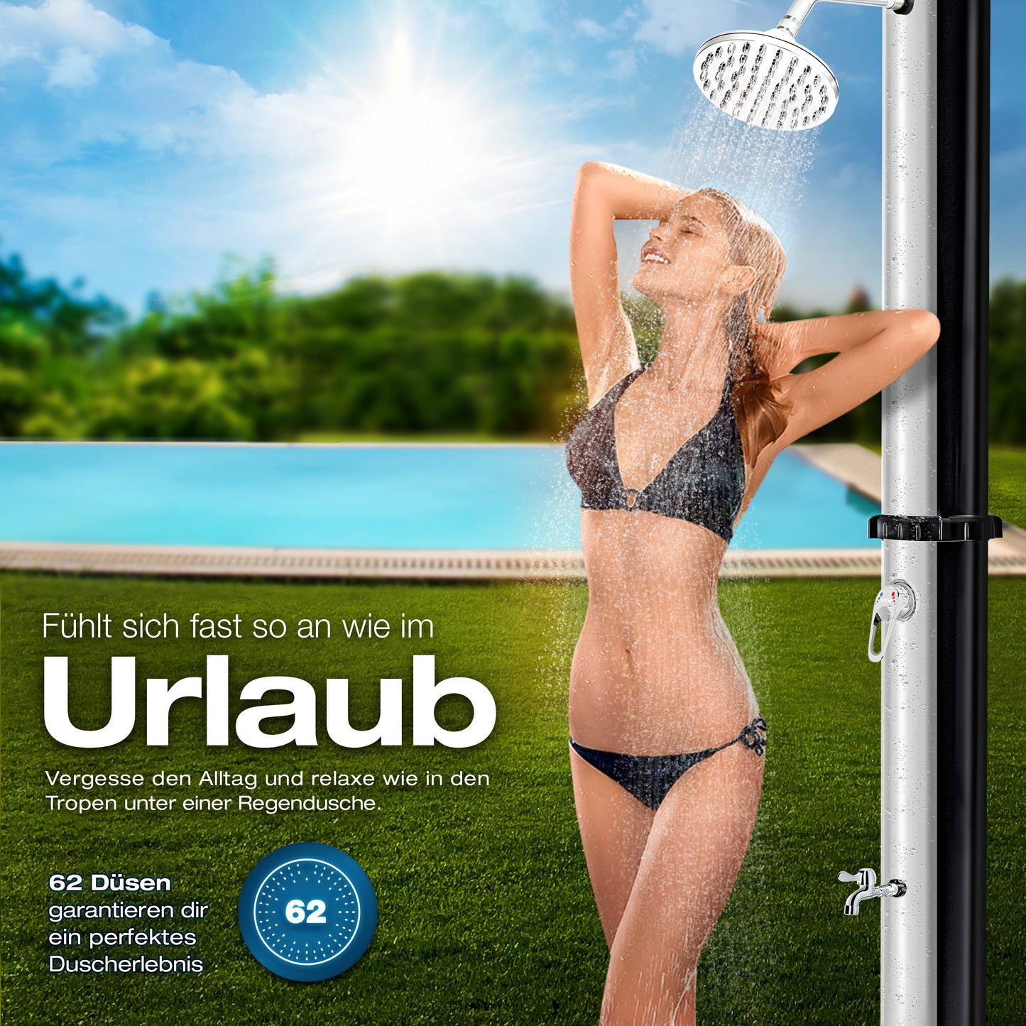 tillvex® Solardusche 20 - 60 Liter inkl. Abdeckung Solar Gartendusche Solar für draußen Pooldusche Komplettset warmes Wasser Camping ohne Stromanschluss mit Wasserhahn Gartenschlauch-Anschluss
