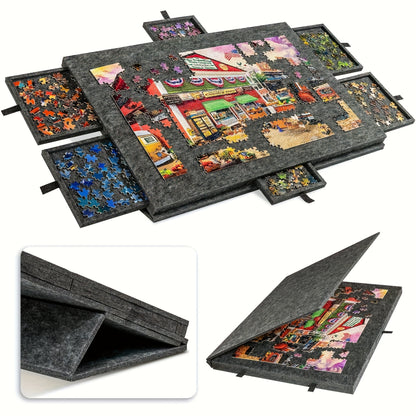 Puzzle-Tisch mit 2-in-1 Schrägdesign | Ultraleichte Filz-Puzzlebrett mit sechs Schubladen, tragbar und langlebig, Grau, Marke: Pylv