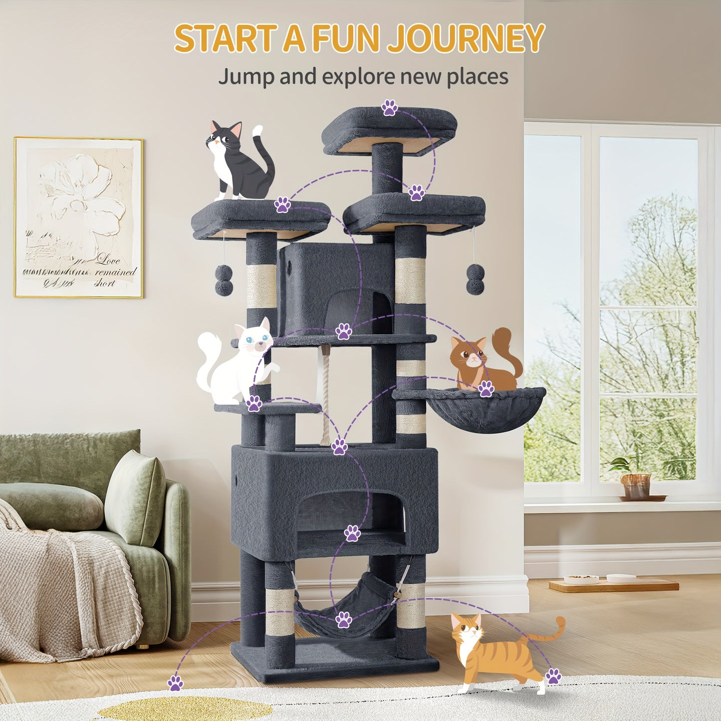 Katzenturm, 176 cm, XL-Größe mit 3 Plattformen, 2 Höhlen, 7 Kratzpfosten, Hängematte & Plüschball – Ideal für Mehrkatzenfamilien in Hellgrau/Dunkelgrau Beige, Kletterturm für Haustiere, Feline Verbreiterung, Platzsparender Baum, Mehrstöckiges Katzenmöbel,